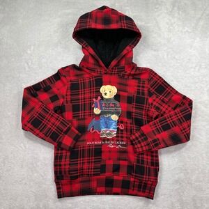 Polo Ralph Lauren Polo Bear Hoodie Boys M 10-12 Red Black Plaid Fleece Pullover